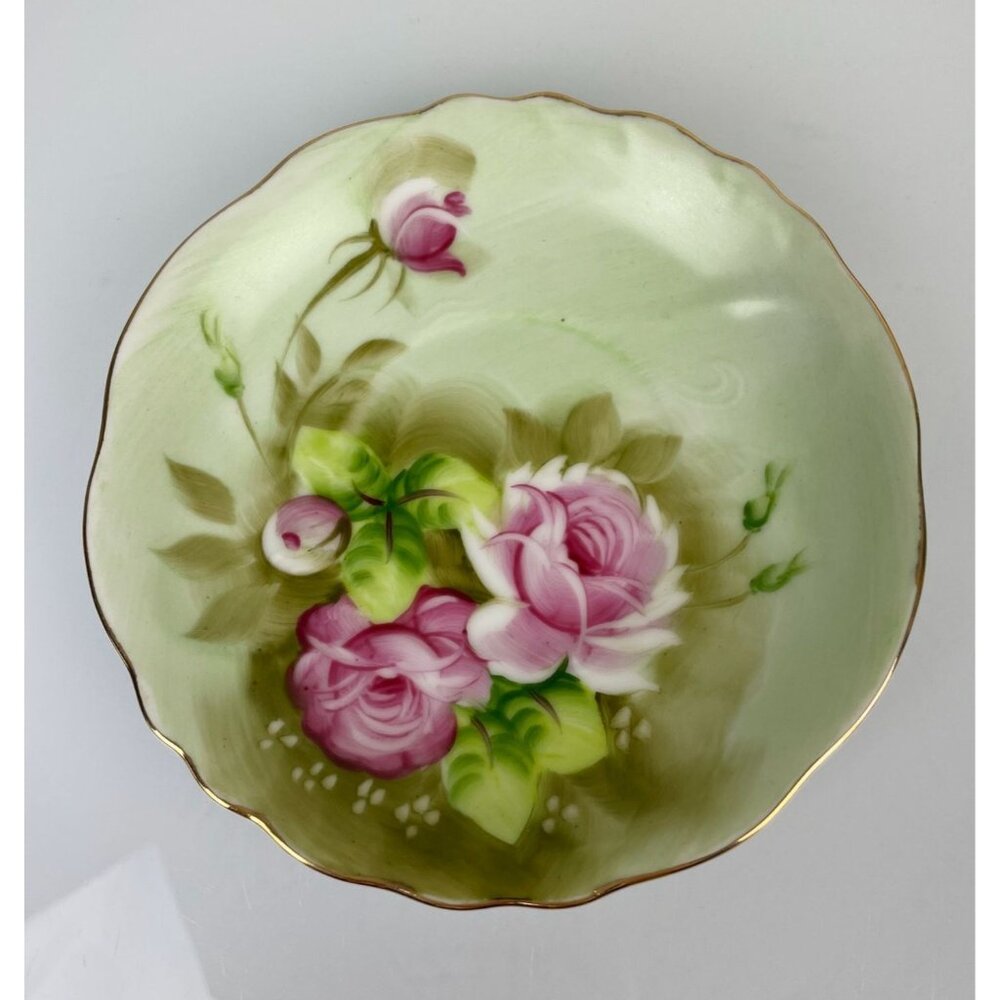 Lefton China Hand Painted Green & Pink Rose Teacup & Saucer Set, Gold Vintage - Picture 6 of 16
